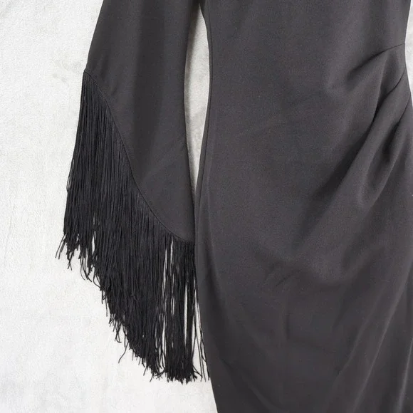AQUA One Shoulder Fringed Sleeve Sheath Dress Womens 6 Black Formal Holiday NWT - Picture 7 of 16